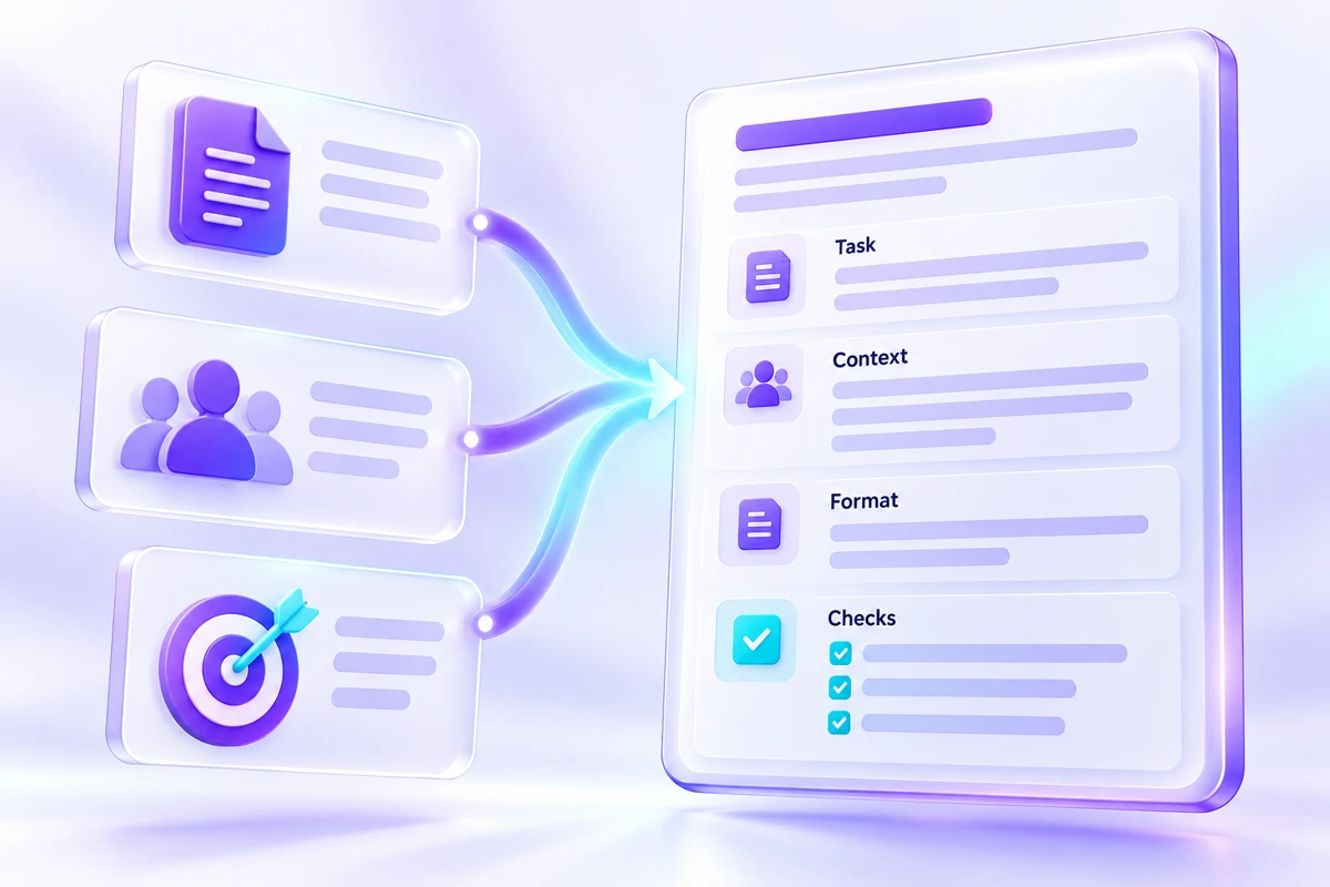 Source cards assembled into a structured AI task brief